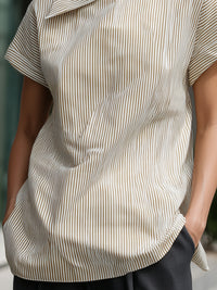Asymmetric High-Neck Pinstripe Short-Sleeve Top