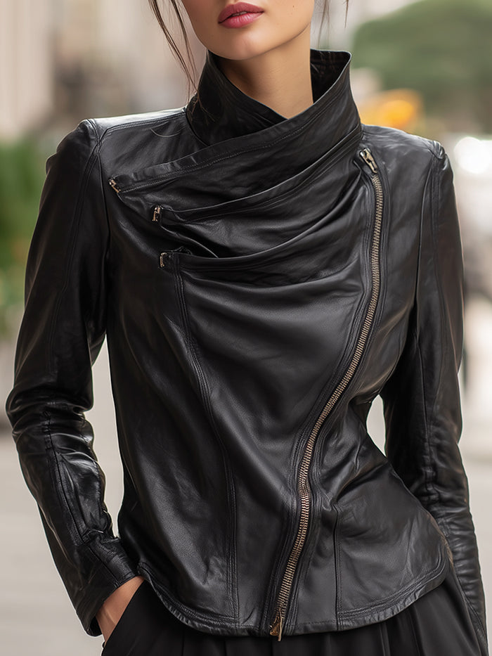 Asymmetrical Draped Collar Faux Leather Moto Jacket