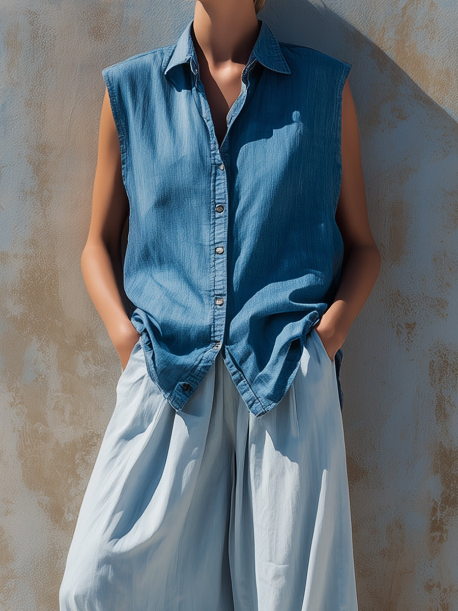 Sleeveless Denim Shirt & Relaxed Wide-Leg Trouser Set