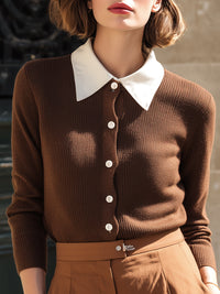 Contrast Collar Button-Up Knit Top