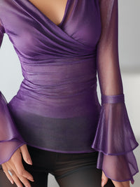 Shimmer Mesh Wrap V-Neck Ruffle-Cuff Top