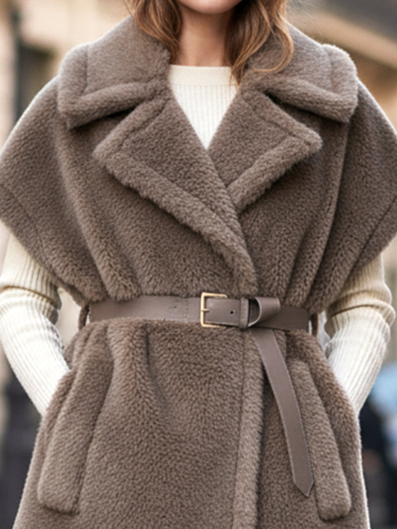 Faux Shearling Vest Coat With Belt