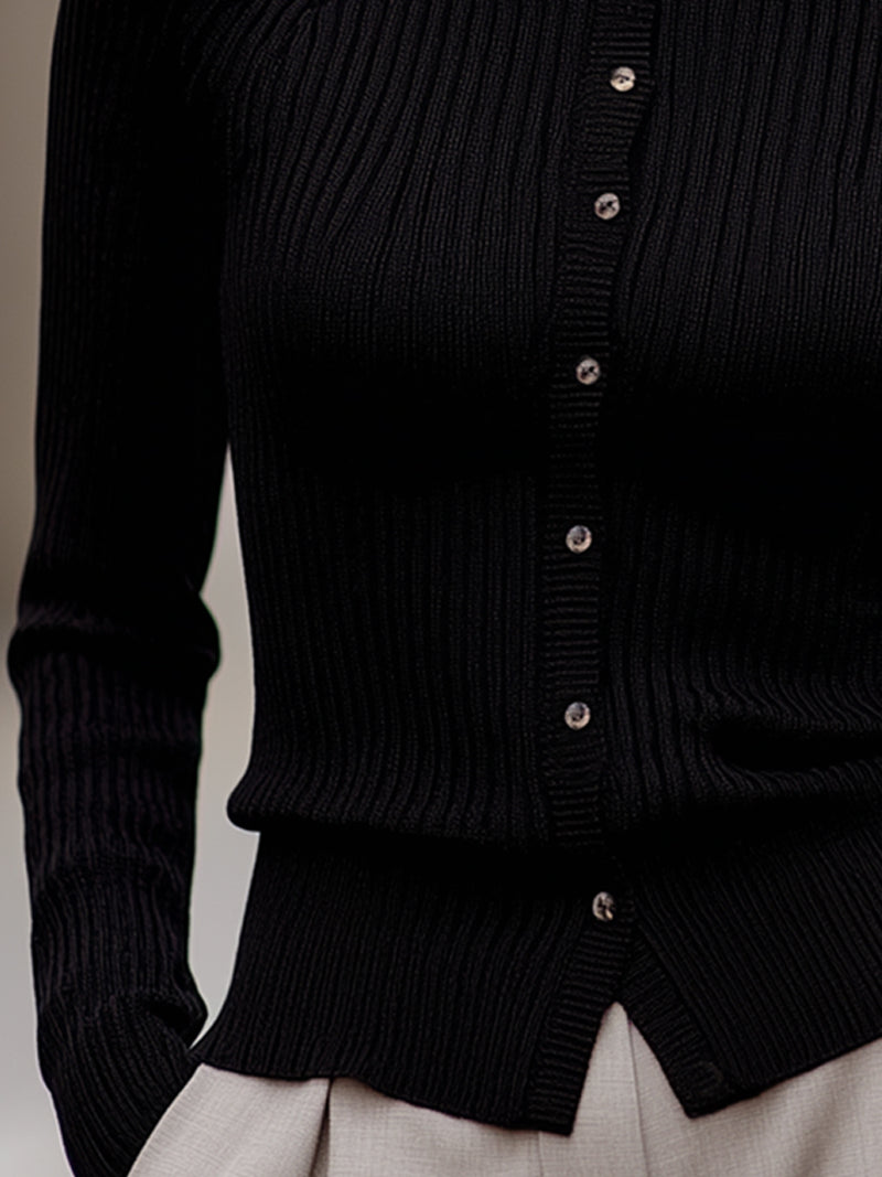 Black Ribbed Knit Button-Front Top