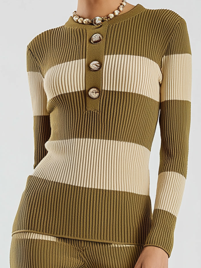 Striped Ribbed Knit Top And Flared Pants Set