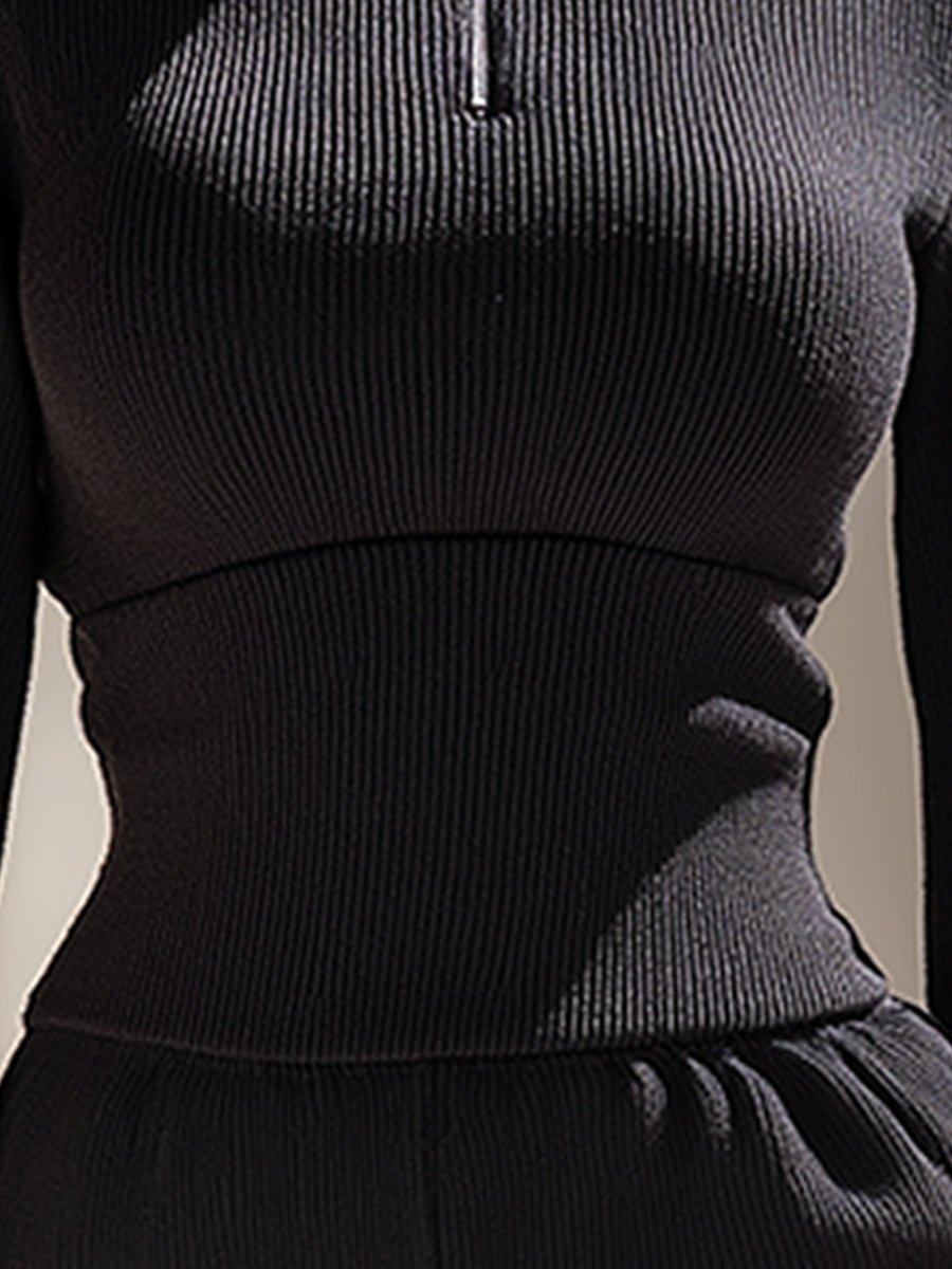 High-Neck Half-Zip Ribbed Top With Sculpted Waist