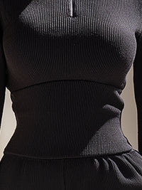High-Neck Half-Zip Ribbed Top With Sculpted Waist
