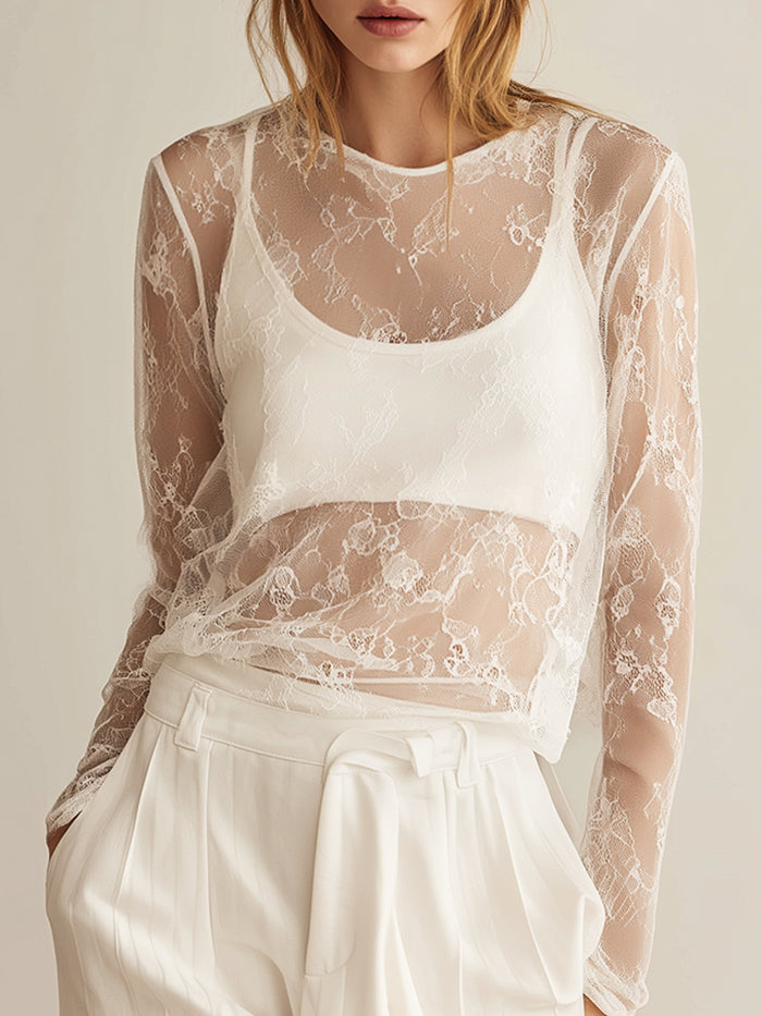 Sheer Floral Lace Long-Sleeve Top