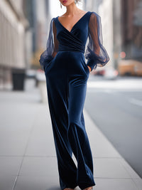 Elegant Deep V Velvet Jumpsuit With Sheer Bishop Sleeves