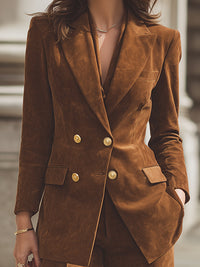 Slim-fit Suede Double-breasted Suit With Wide-leg Pants
