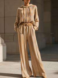 Caramel Beige Striped Loose-fitting Hooded Set