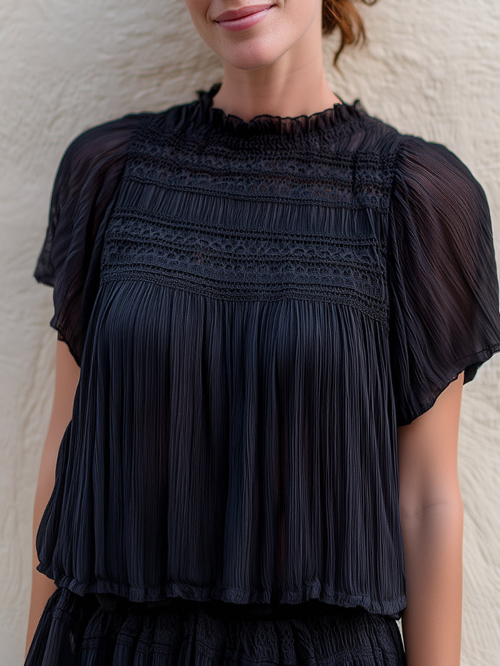 Pleated Lace-Detail Blouse & Tiered Skirt Two-Piece Set