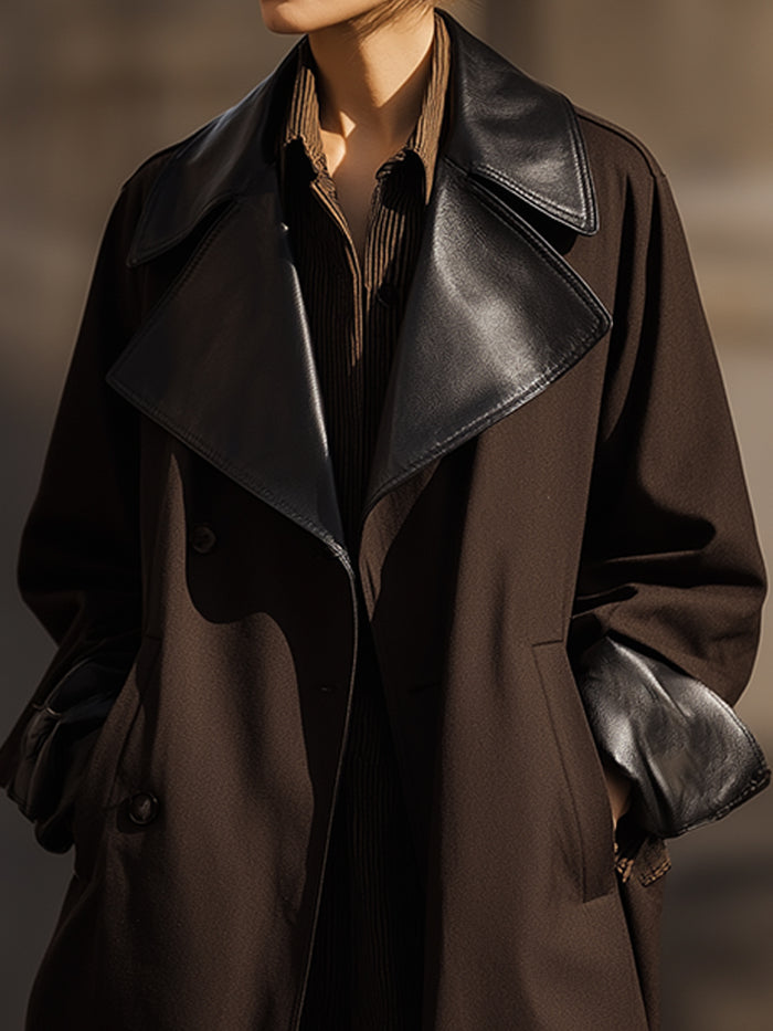 Lack Trench Coat With Faux Leather Lapel And Cuff Detail