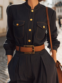 Practical Chinese Style Stand-up Collar Denim Wide-leg Pants Suit