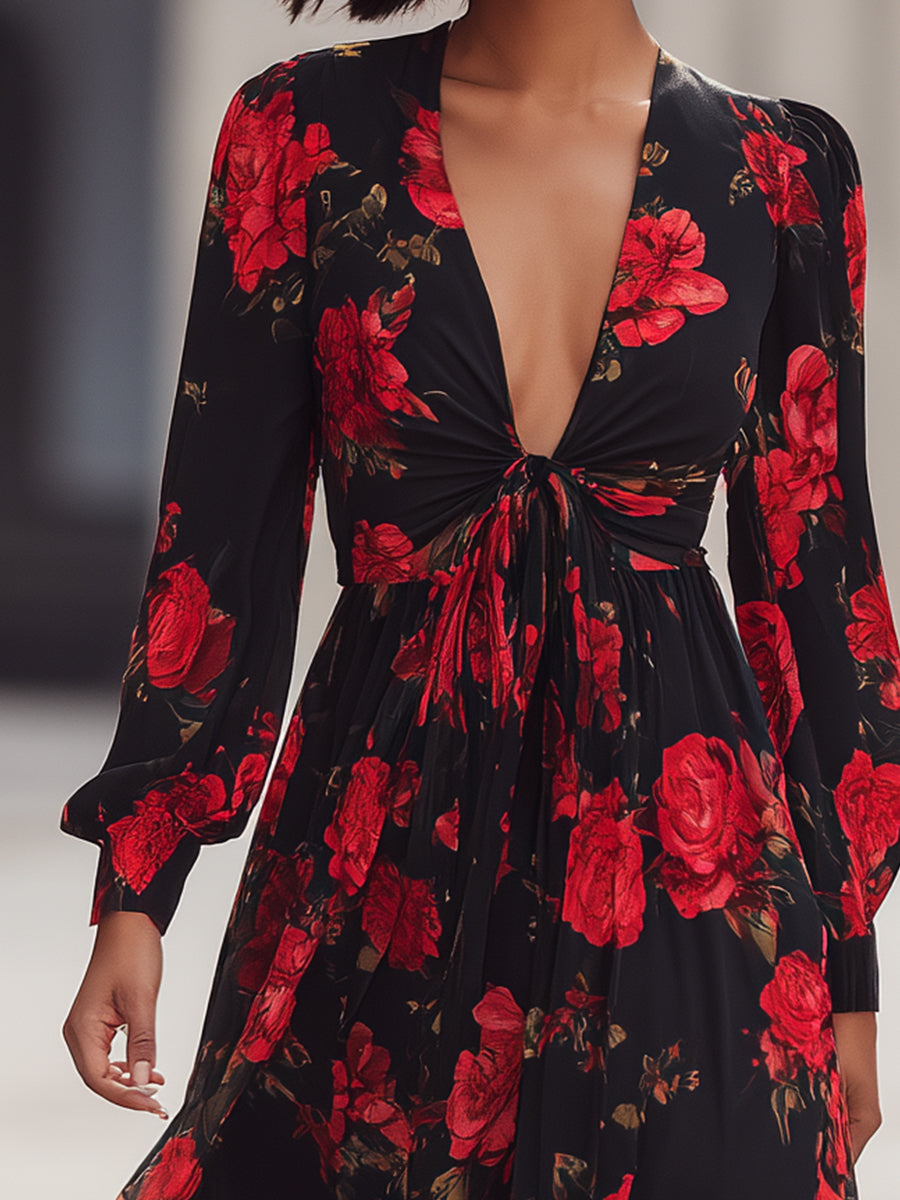 Floral Print Maxi Dress With Tie Front