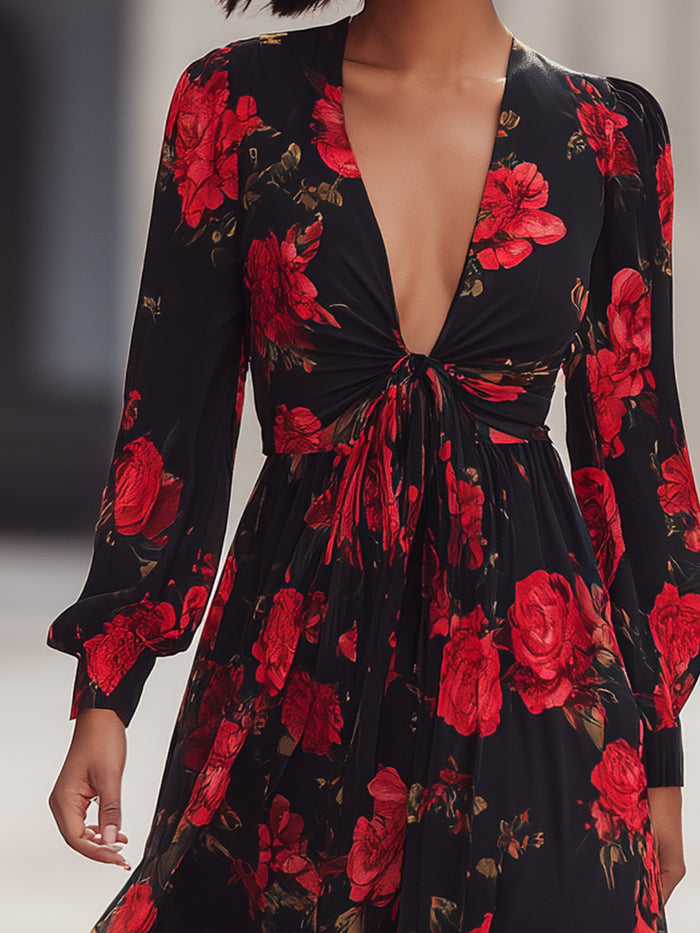 Floral Print Maxi Dress With Tie Front