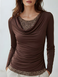 Draped Cowl-Neck Layered Leopard Trim Long-Sleeve Top
