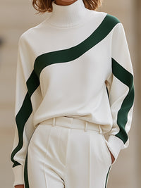 Luxury Curved-Stripe Turtleneck Top & Wide-Leg Trouser Set