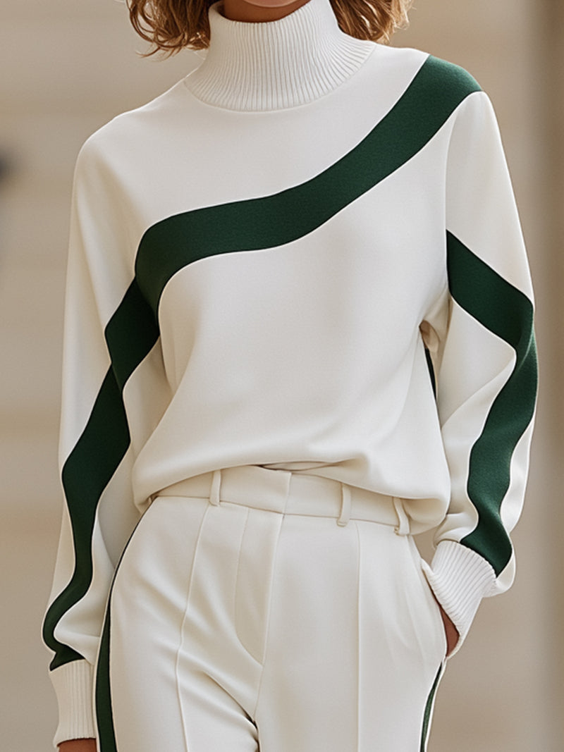 Luxury Curved-Stripe Turtleneck Top & Wide-Leg Trouser Set