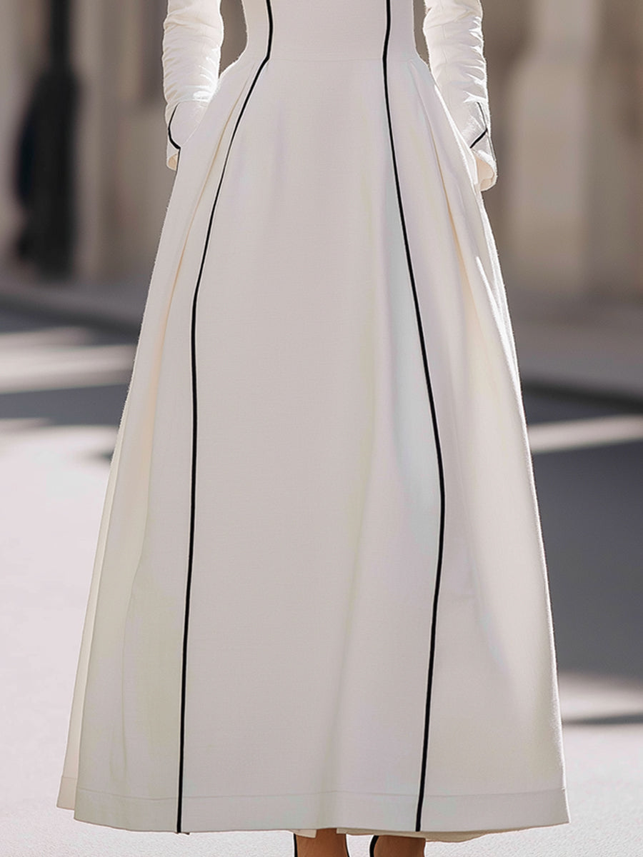 White Long-Sleeve Maxi Dress With Black Piping