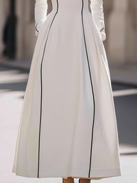 White Long-Sleeve Maxi Dress With Black Piping