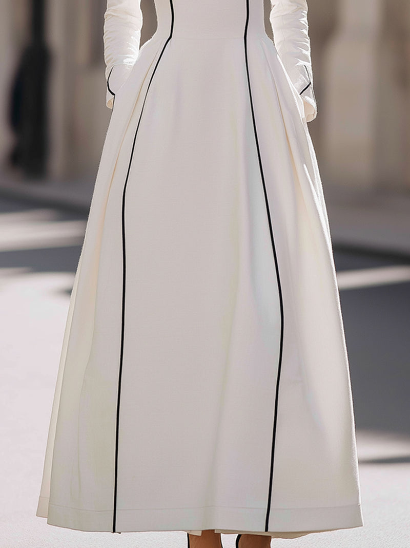 White Long-Sleeve Maxi Dress With Black Piping