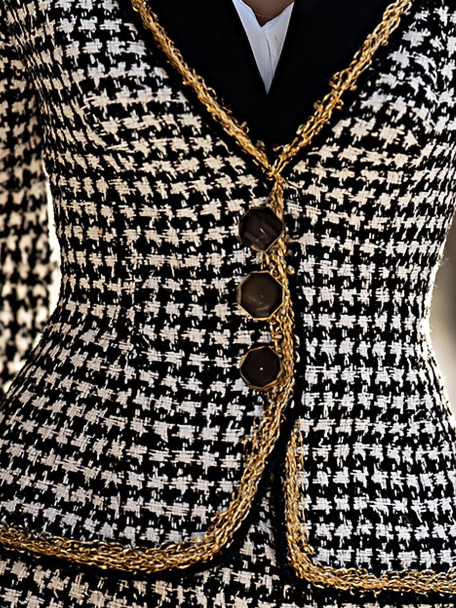 Houndstooth Gold-Trim Tweed Blazer