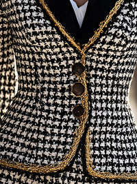 Houndstooth Gold-Trim Tweed Blazer