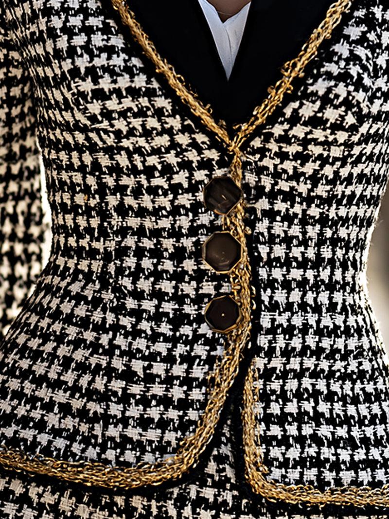Houndstooth Gold-Trim Tweed Blazer