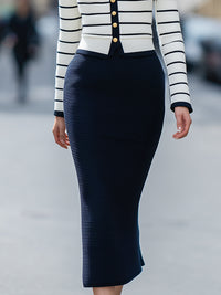 Elegant Navy Blue Striped Cardigan & Pencil Skirt Set