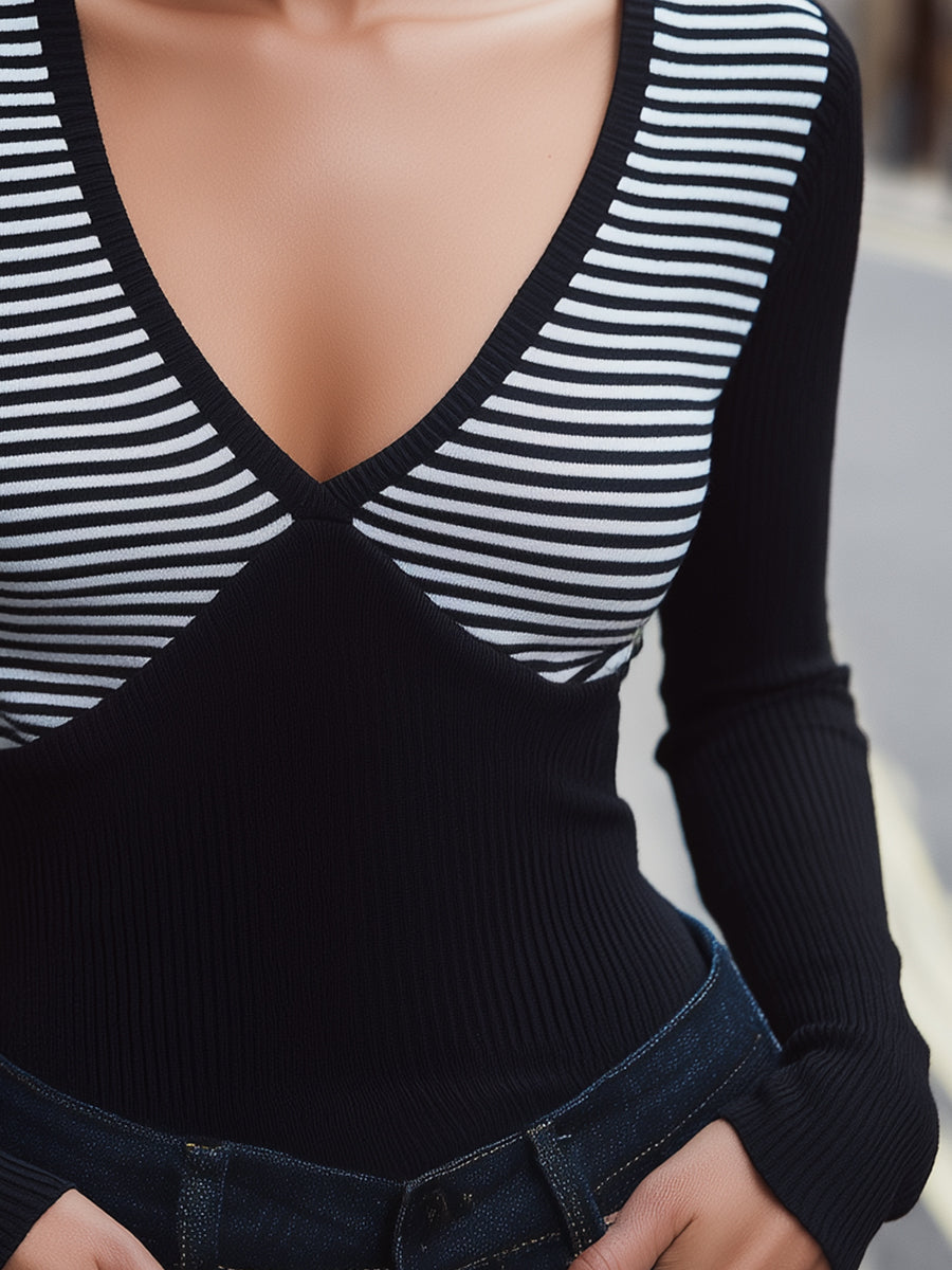 Striped Deep V Contrast-Panel Ribbed Knit Top