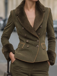 Olive Green Faux Suede Suit With Fur Trim