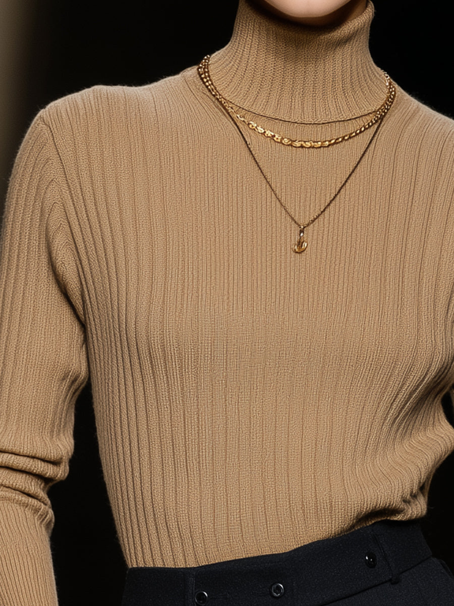 Camel Wide Striped Turtleneck Sweater