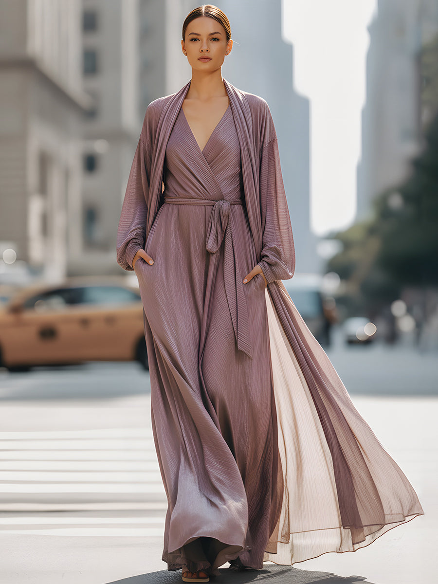 Pleated Wrap-Style Maxi Dress With Flowing Shawl Two-Piece Set