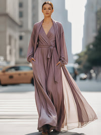 Pleated Wrap-Style Maxi Dress With Flowing Shawl Two-Piece Set