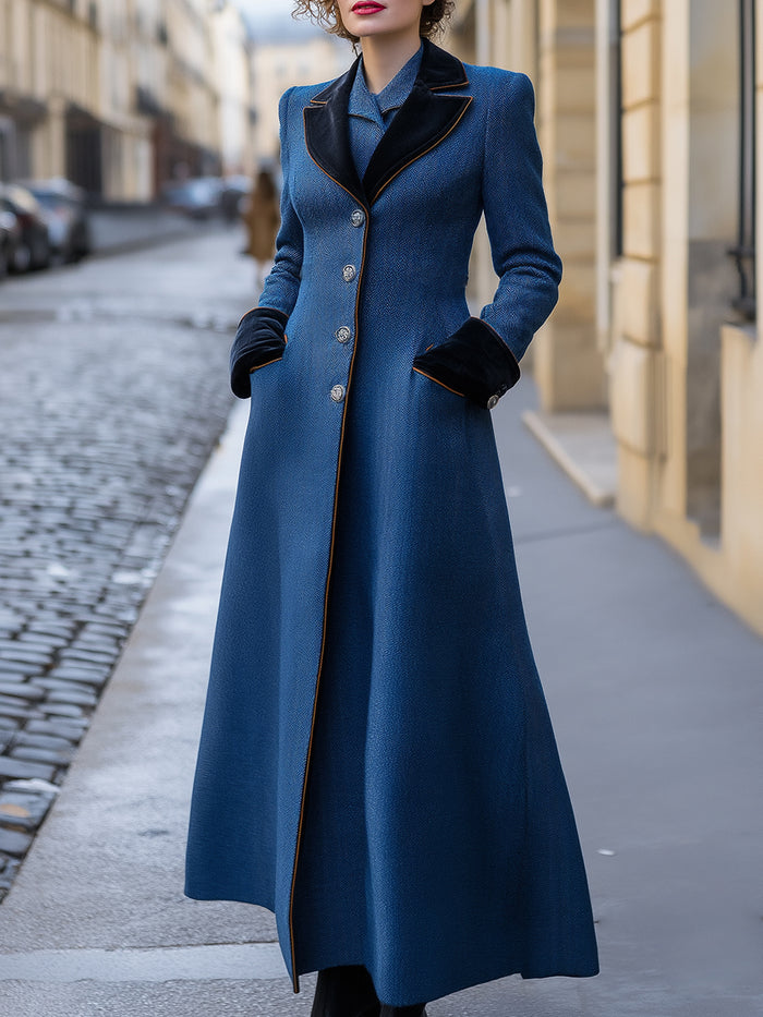 Longline Coat With Velvet Lapels And Cuffs