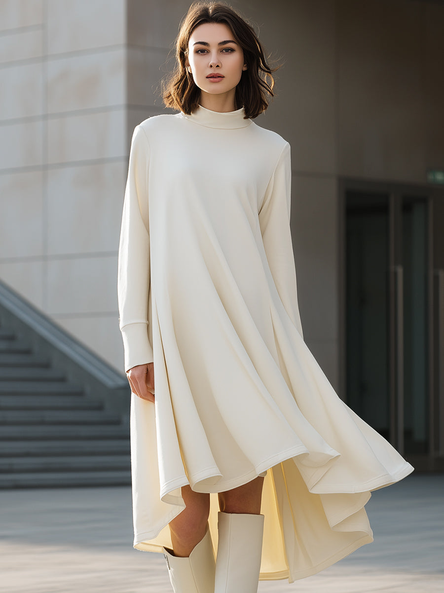 Ivory High-Neck Flowing A-Line Dress