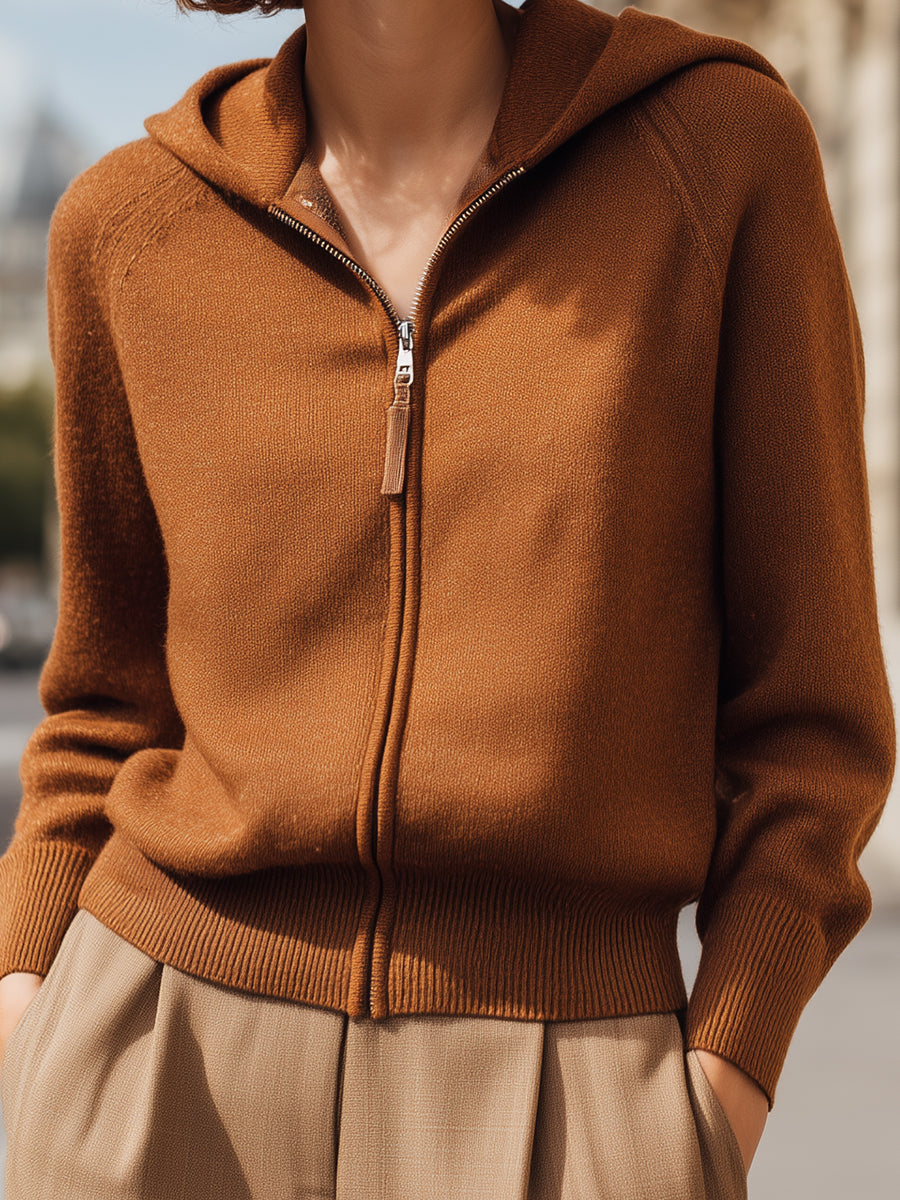 Camel Knit Zip-Up Hoodie