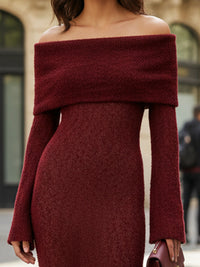 Burgundy Off-Shoulder Knit Maxi Dress