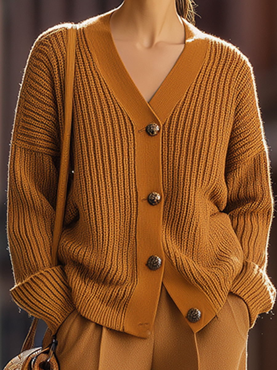 Caramel Ribbed Knit Cardigan And Wide-Leg Pants Set