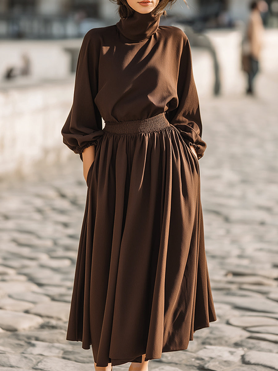 High-Neck Long-Sleeve Midi Dress