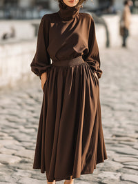 High-Neck Long-Sleeve Midi Dress