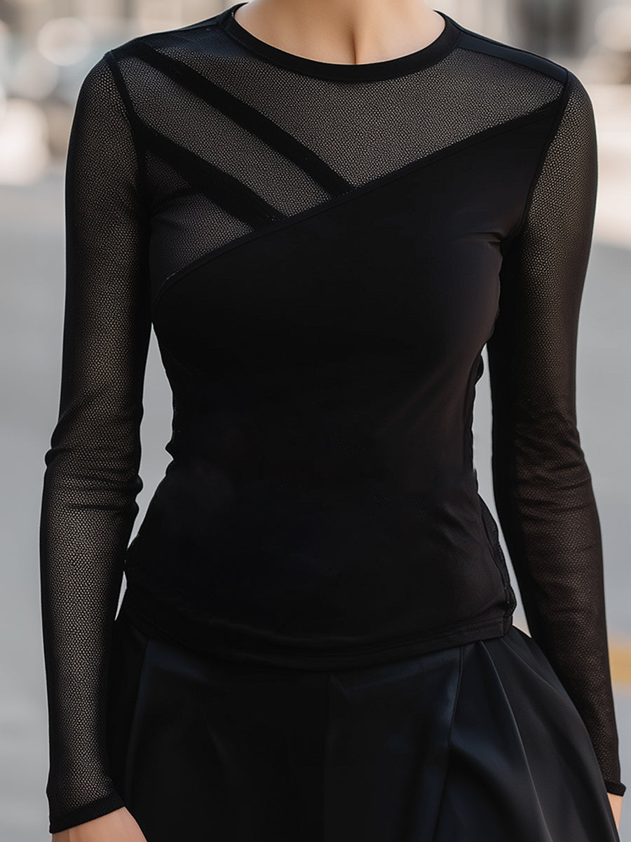 Mesh Paneled Asymmetric Long-Sleeve Fitted Top