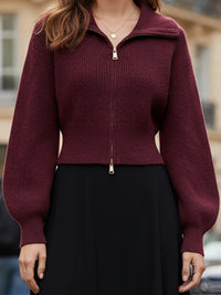 Burgundy Zip-Up Knit Top And Black Midi Skirt Set