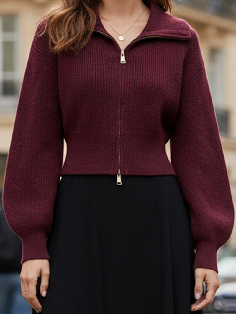 Burgundy Zip-Up Knit Top And Black Midi Skirt Set