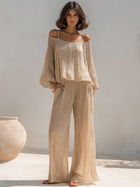 Off-Shoulder Pleated Two-Piece Wide-Leg Set