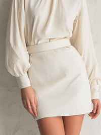 High-Neck Draped Blouse & Tailored Mini Skirt Set
