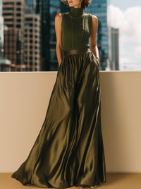 Olive Knit High-Neck Top & Satin Maxi Skirt Set