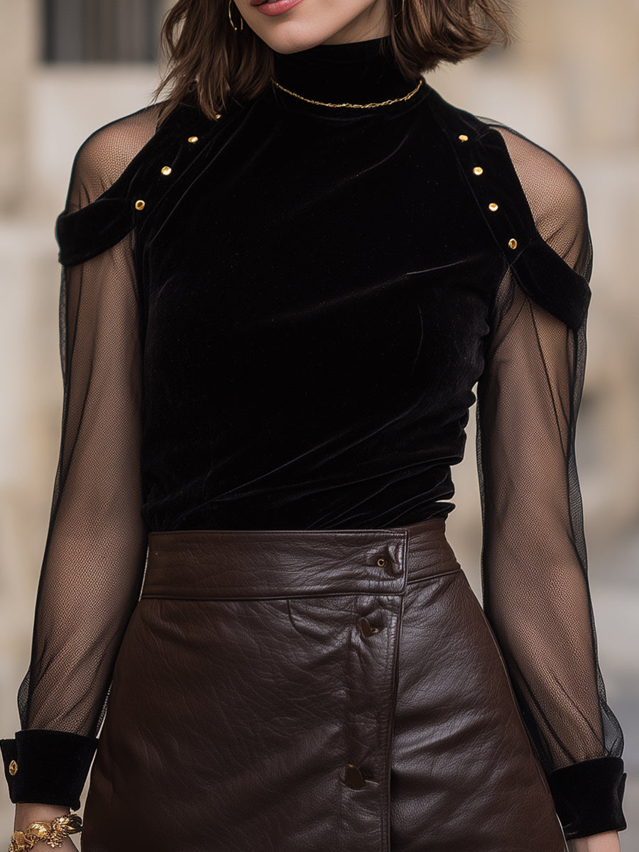 Black Velvet Mesh Sleeve Top With Gold Stud Shoulder Detail