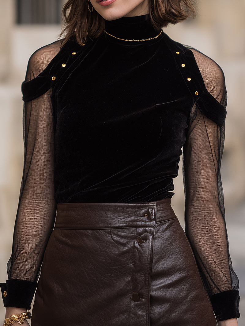 Black Velvet Mesh Sleeve Top With Gold Stud Shoulder Detail