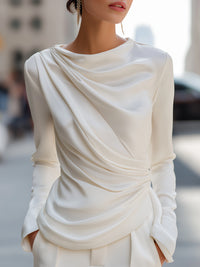 Draped Satin Long-Sleeve Blouse